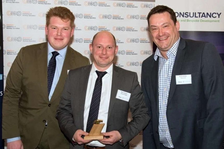 Left to right, Phil Starling, Greater Anglia's Analysis and Attribution Manager, Ryan Lewsey, Greater Anglia's Operations Manager, and presenting the award, Gavin Panter, International Business Development Director, Resonate.