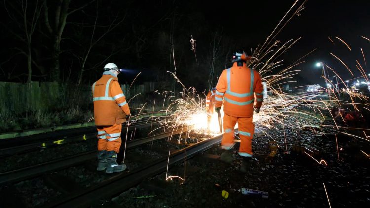 Track welding taking place during Water Orton upgrade work