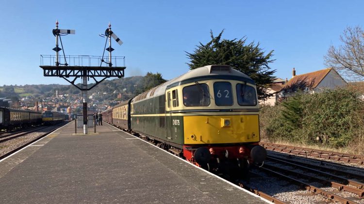 the first West Somerset Railway diesel-hauled passenger train since 2019 leaves Minehead station during the line’s opening week-end