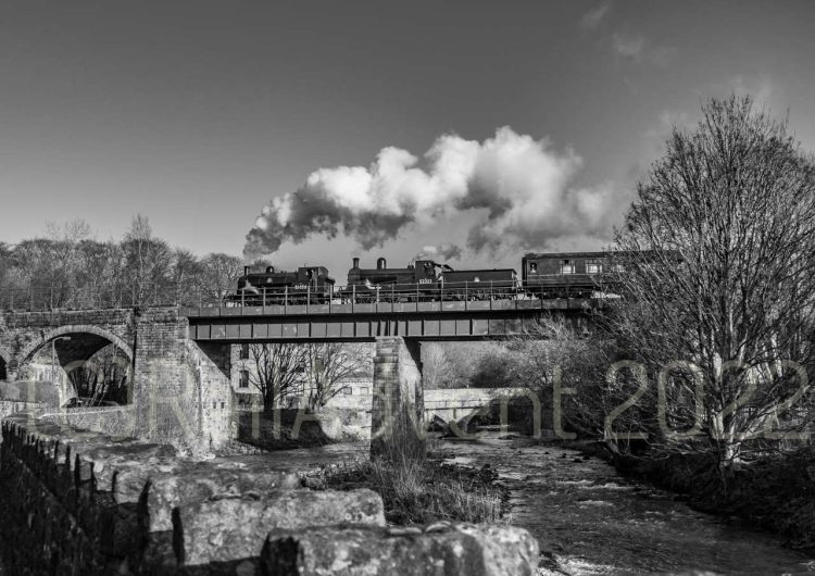51456 and 52322 pass over the Summerseat Viaduct, East Lancashire Railway