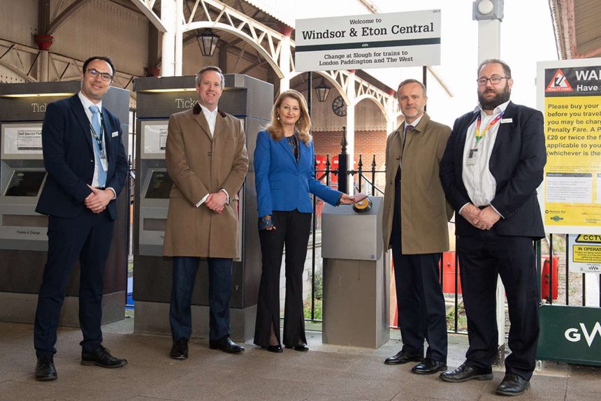 Cllr Samantha Rayner, Cllr Andrew Johnson, Edward Goose, Gauthier Hardy and Chris Brock at Windsor and Eton Central Station, Windsor, 28th March 2022