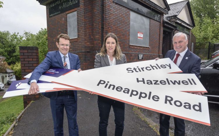 Mayor Andy Street, Kate Trevorrow (WMRE head of rail programme) and Cllr Ian Ward with the three proposed names outside the former railway station building