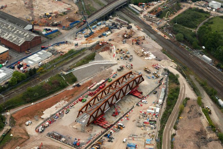Helicopter shot of pre-assembled SAS 13 bridge showing closed Stechford to Aston freight line - credit Network Rail Air Operations