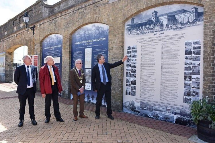 Unveiling the timeline, left to right: Martin Halliday, Community Rail Development Officer, Jonathan Denby, Greater Anglia Head of Corporate Affairs, Cllr Alan Green, Mayor of Lowestoft and Peter Aldous, MP