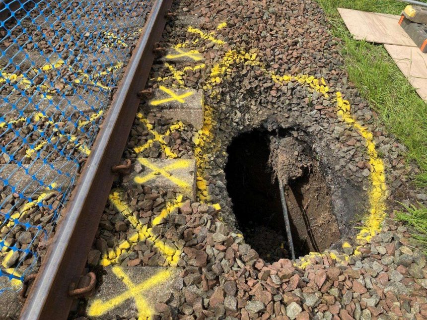 line between Kilmarnock and Barassie after a large hole appeared close to the tracks.