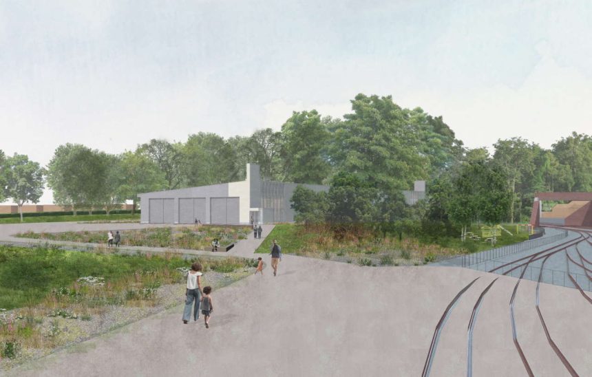 Proposed view of new collection building at Locomotion - AOC Architecture with J&L Gibbons landscape 1