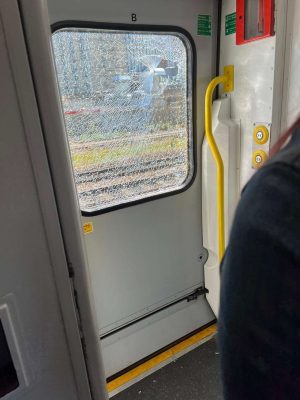 Shattered window on train into Hull Paragon Station