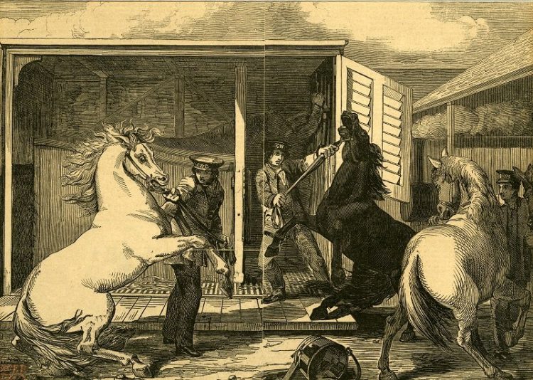 Lithograph from the Illustrated London News in 1846 showing the chaos caused by the meeting of broad and narrow gauge lines