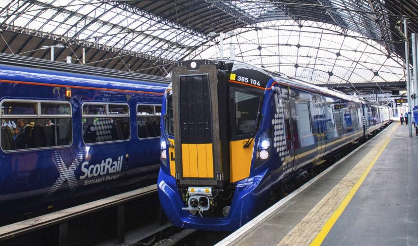 Class 385 trains at Glasgow Queen Street Station.