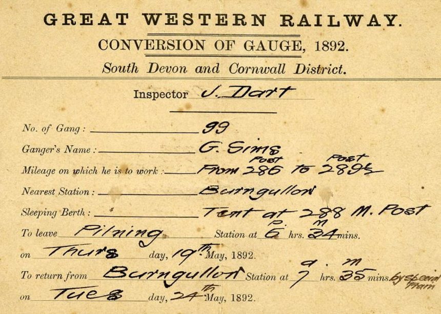 Instructions issued to George Simms, a ganger who worked on the 1892 conversion of the lin