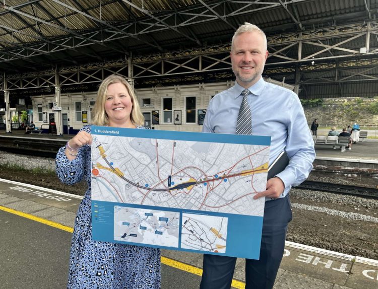 Neil Holm, Transpennine Route Upgrade Director, with Hannah Lomas Principal Programme Sponsor, at Huddersfield station