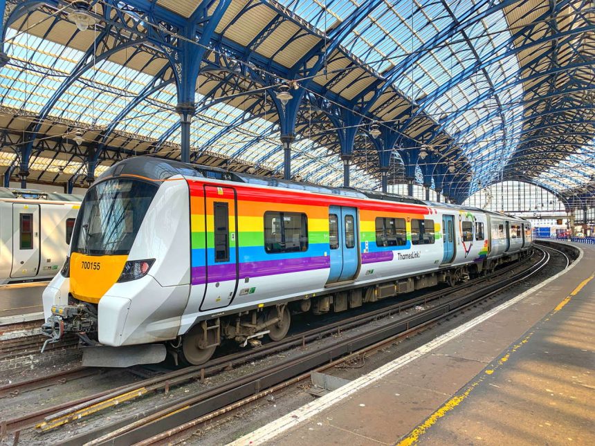Thameslink's 'Trainbow', pictured here in Brighton station, has been painted to celebrate Pride