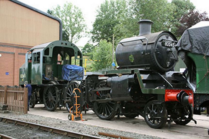 82045 outside the boiler shop with the footplating at the sides of the smokebox temporarily re-fitted.