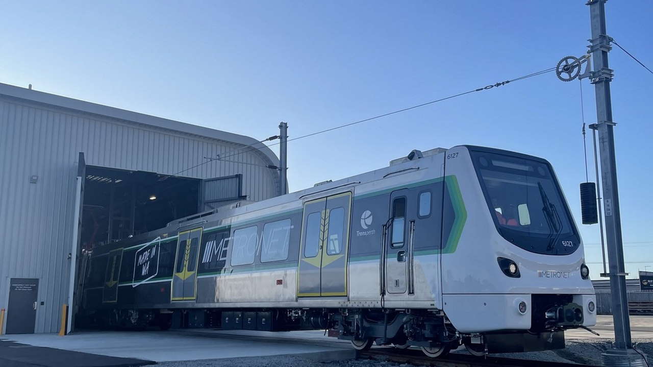 Alstom's first six-car C-series train at the high-voltage static testing facility in Bellevue, Perth.