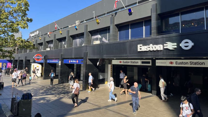 Euston station entrance right of piazza August 2022