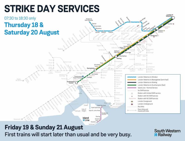 Strike Network Map for South Western Railway 18th to 21st Aug 2022