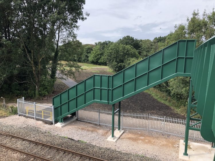 Side view of staircase at new footbridge over the railway in Bamber Bridge