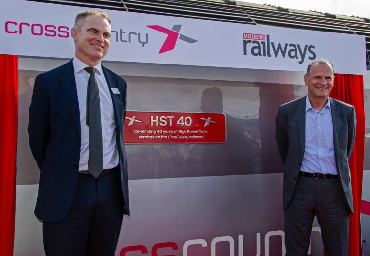 CrossCountry MD Tom Joyner and President of the Passenger Transport Confederation Martin Dean unveil a new nameplate for HST 43366 in Kidderminster