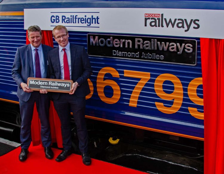 GB Railfreight MD John Smith and Modern Railways editor Philip Sherratt unveil the nameplate of 66799 in Kidderminster