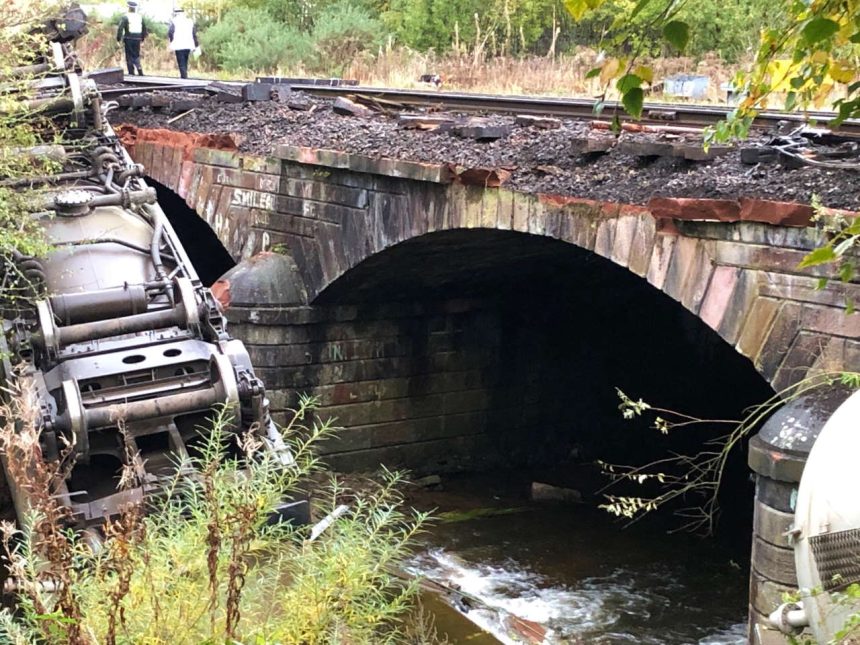 Damage to bridge over River Petteril in Carlisle after freight train derailment
