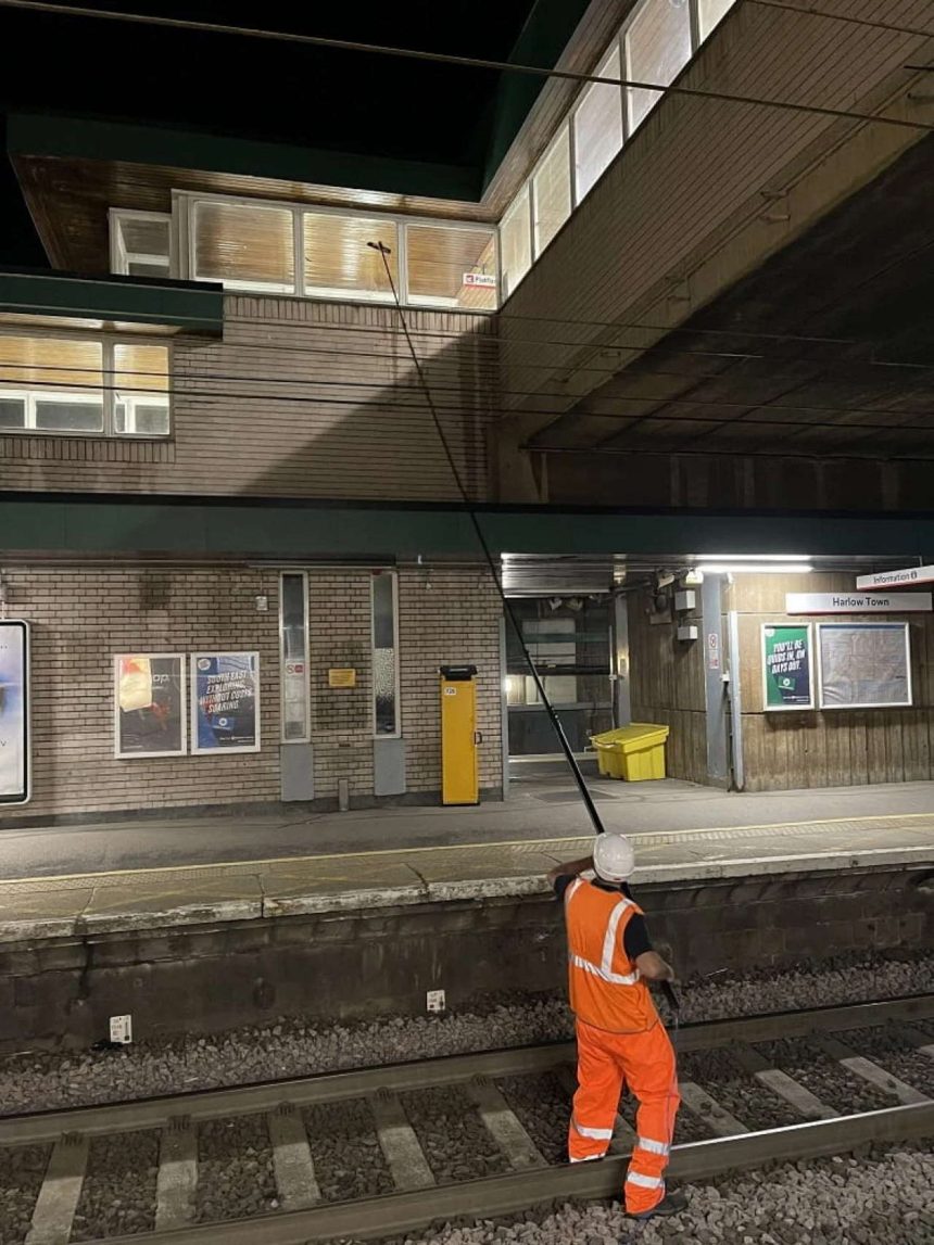 High level cleaning at Harlow Town station.