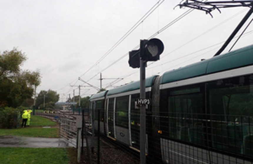 A tram shown on the approach to the points during post-incident testing