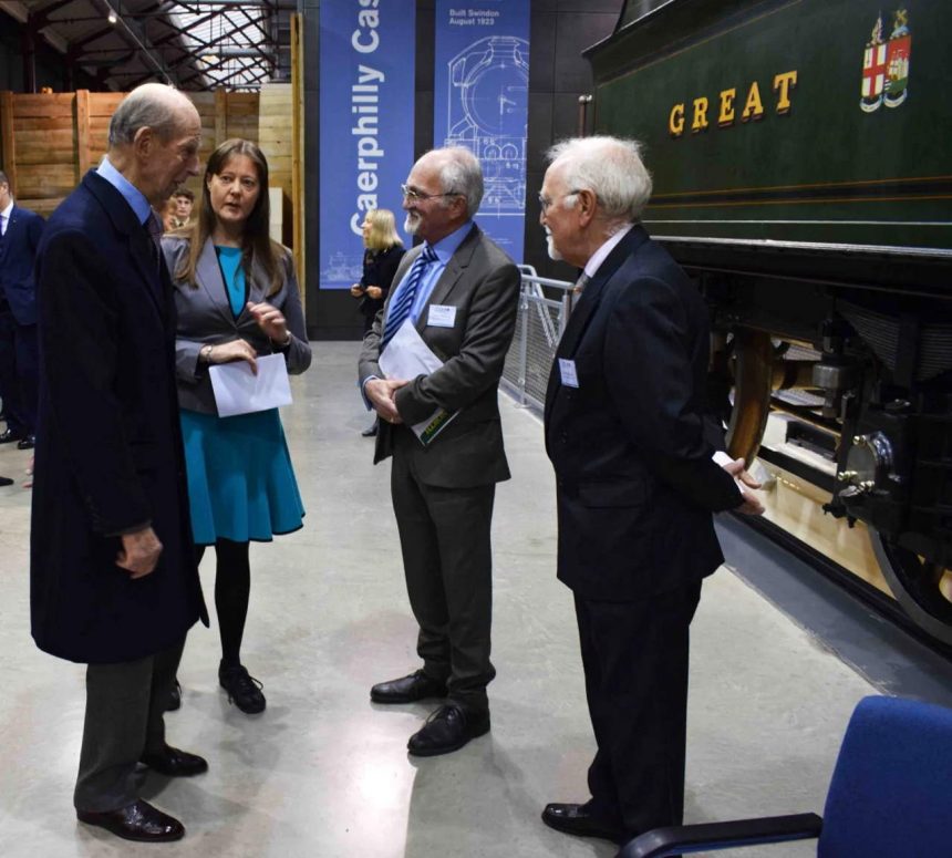 HRH The Duke of Kent is introduced to Friends of Swindon Railway Museum Trustees, Colin Hamling and Steve Gregory by Swindon Museums Manager, Frances Yeo.