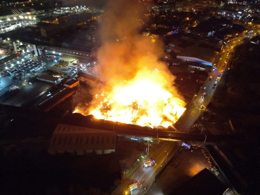Drone picture of warehouse fire beside railway in Wolverhampton