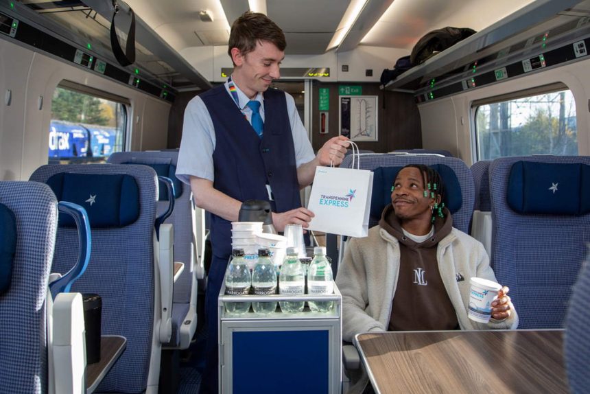 new first class hot food catering is served on board a TPE Nova train
