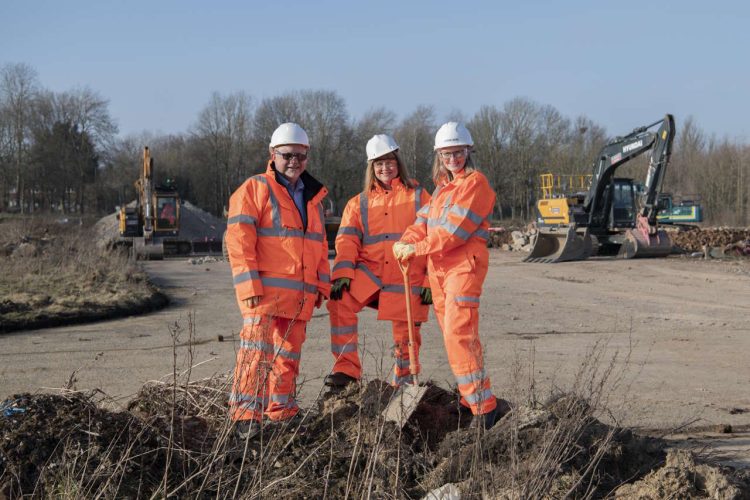 Chris Ayre, Cllr Elizabeth Scott, and Dr Sarah Price on the site of New Hall at Locomotion