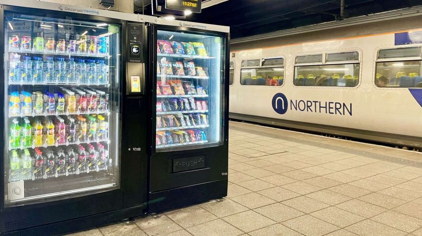 Image shows vending machine on platform with Northern service