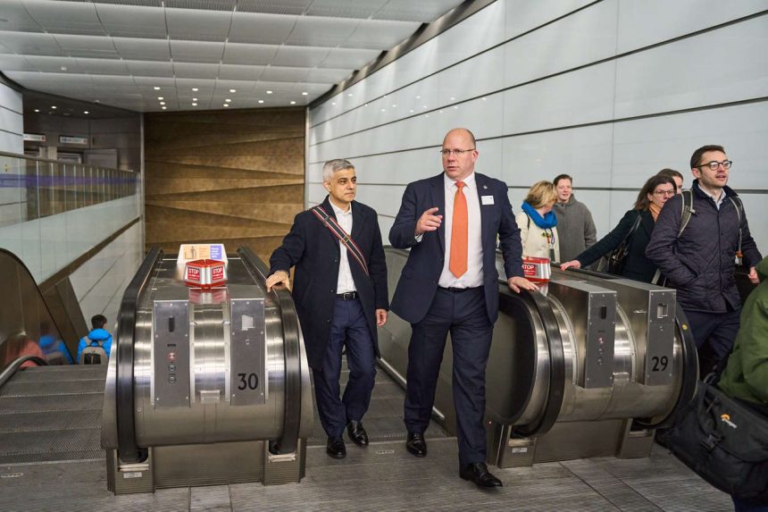 Mayor Sadiq Khan and TfL Commissioner Andy Lord at Bank station escalators