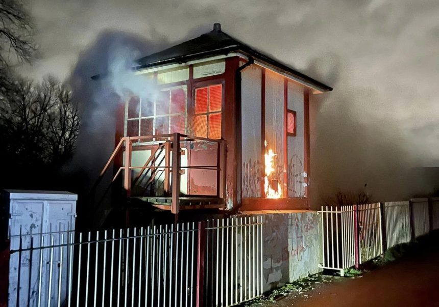 Orton Mere signal box on fire