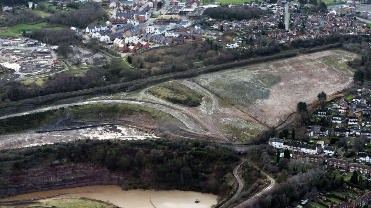 Aerial view of former mine site beside railway at Hadley near Telford