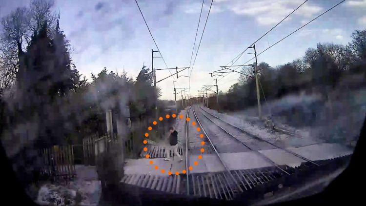 CCTV from Avanti train driver cab near miss Norton level crossing