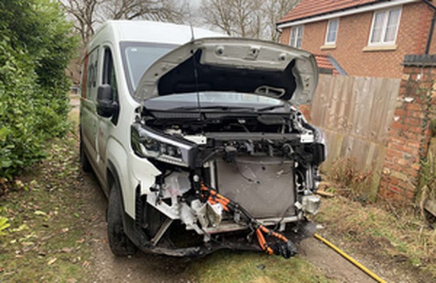 Van damaged in the collision at Home Farm level crossing