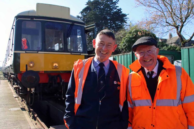 Peter Frost conductor driver & Trevor Parsons conductor guard Corfe Castle 4 April 2023 ANDREW PM WRIGHT
