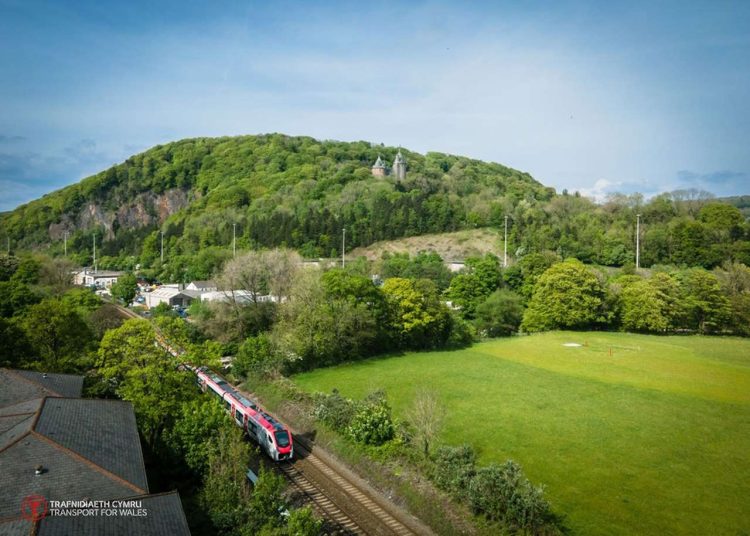 TfW train passing Castell Coch just outside Cardiff