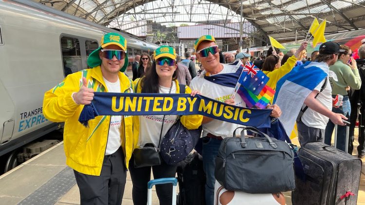 Eurovision fans from Australia getting into the party spirit at Lime Street station