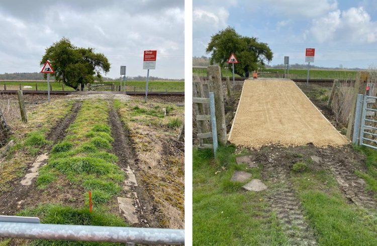 Before and after - one of the resurfaced rural level crossing approaches near Somerleyton