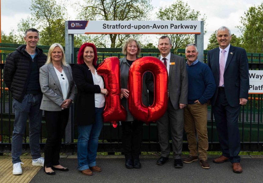 To mark the 10th anniversary, a number of parties involved in the station’s creation gathered at Stratford-upon-Avon Parkway to remember this achievement. From left to right: Ian Walters, MD of SLC Rail; Julie Throssell, Director of SLC Property; Sam Uren, Director of SLC Rail; Susan Fisher, Head of Rail and Regulation at SLC Property; Ian Taylor, Snow Hill Lines Station Manager at West Midlands Railway; Neil Throssell, Commercial Manager at SLC Rail and Jan Matecki, Portfolio Holder for Transport and Planning at Warwickshire County Council.