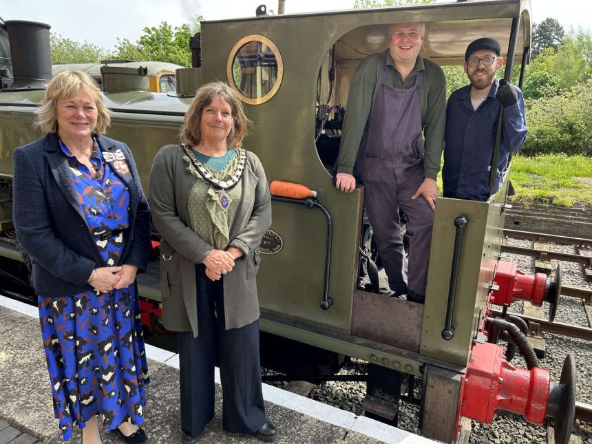 From Left To Right Deputy Lord Lieutenant of Shropshire Veronica Lillis, Mayor for Oswestry Councillor Olly Rose, Cambrian Heritage Railways Chairman Rob Williams, Volunteer Fireman Richard Howell