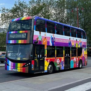 A colour rainbow wrapped bus ready for PRIDE. Credit: TfL