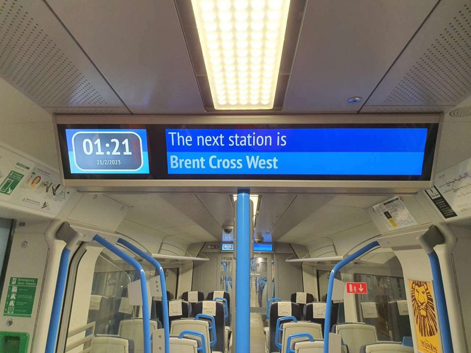 Sign on a train indicating that the next station is Brent Cross West // Credit: GTR