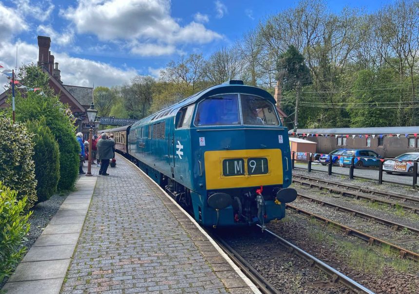 D1015 Western Champion arriving at Highley with S3 train to Bridgnorth Sunday 7 May 2023, credit John Sherratt