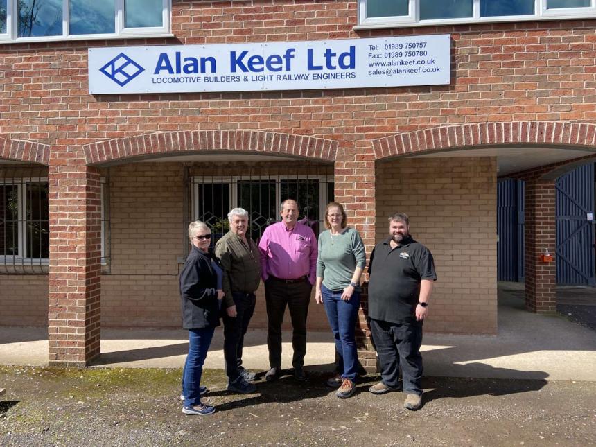 Outside of the Alan Keef works from left to right – Sara and Keith Southwell (Owners of Lappa Valley), Patrick and Alice Keef (of Alan Keef) and Ben Harding (Operations Manager of Lappa Valley)