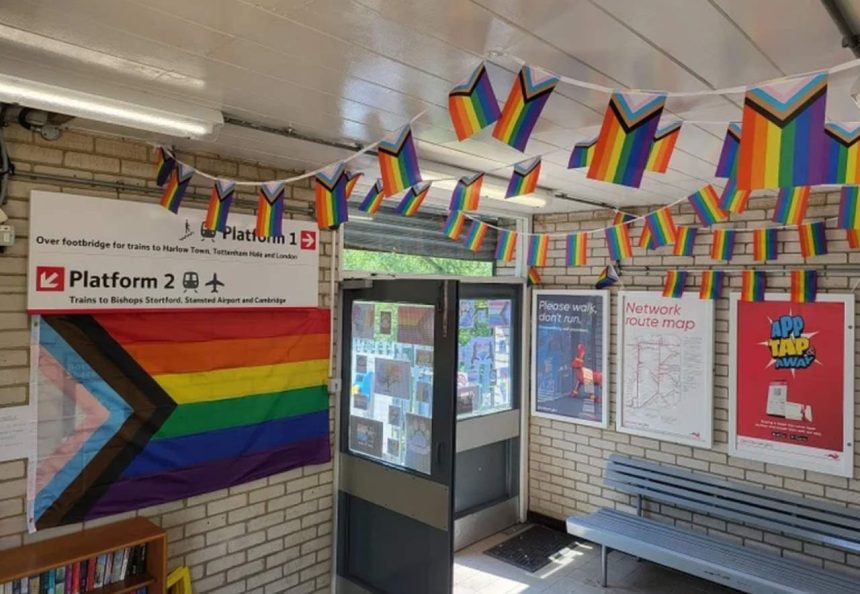 Sawbridgeworth station decorated in celebration of Pride.