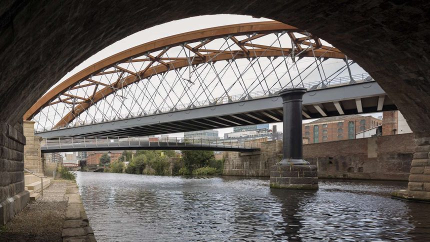 View from underneath Stephenson bridge of new footbridge under Ordsall chord when completed in 2017