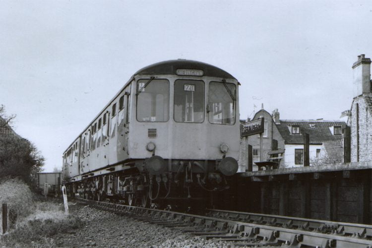 The railcar in service at Sheringham station in 1978