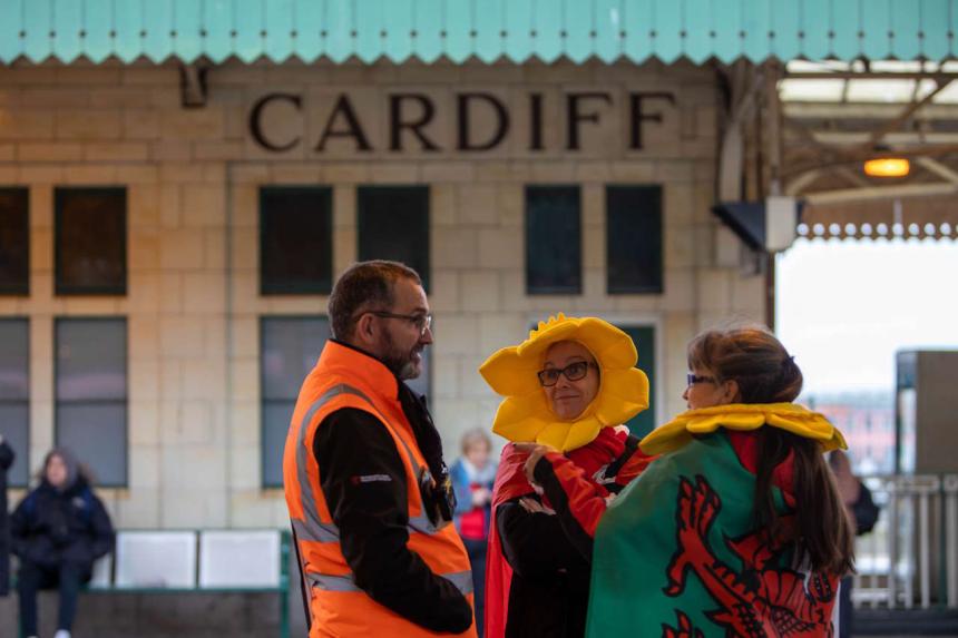 Rugby fans arriving at Cardiff Central Railway Station before Wales v England Six Nations match .25/02/2023